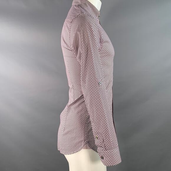XS Nugate Burgundy White Abstract Floral Cotton Roll Tab Long Sleeve Shirt - Picture 4 of 7